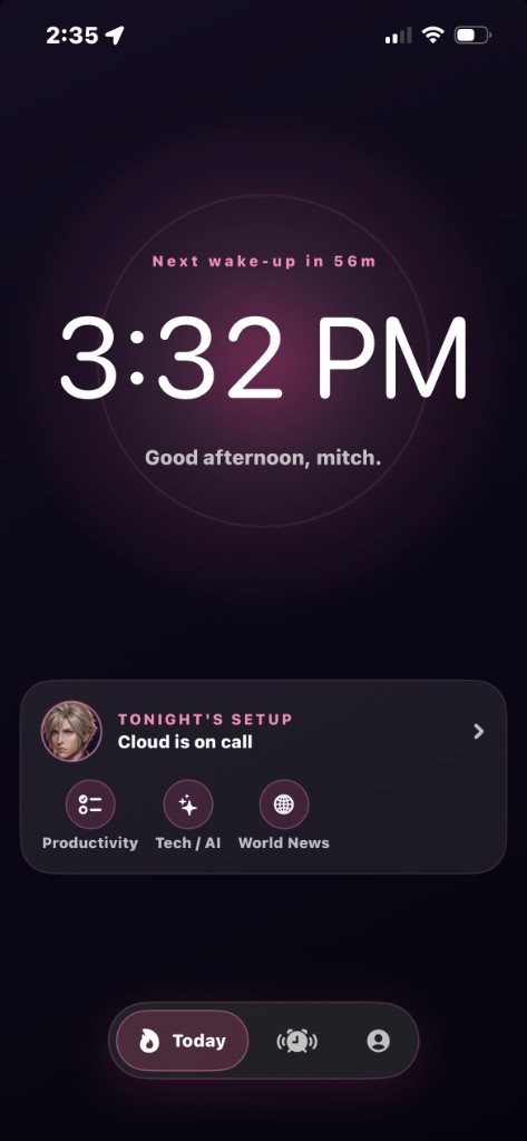 Ifrit Today screen showing the next wake-up time, companion persona, and briefing topics.